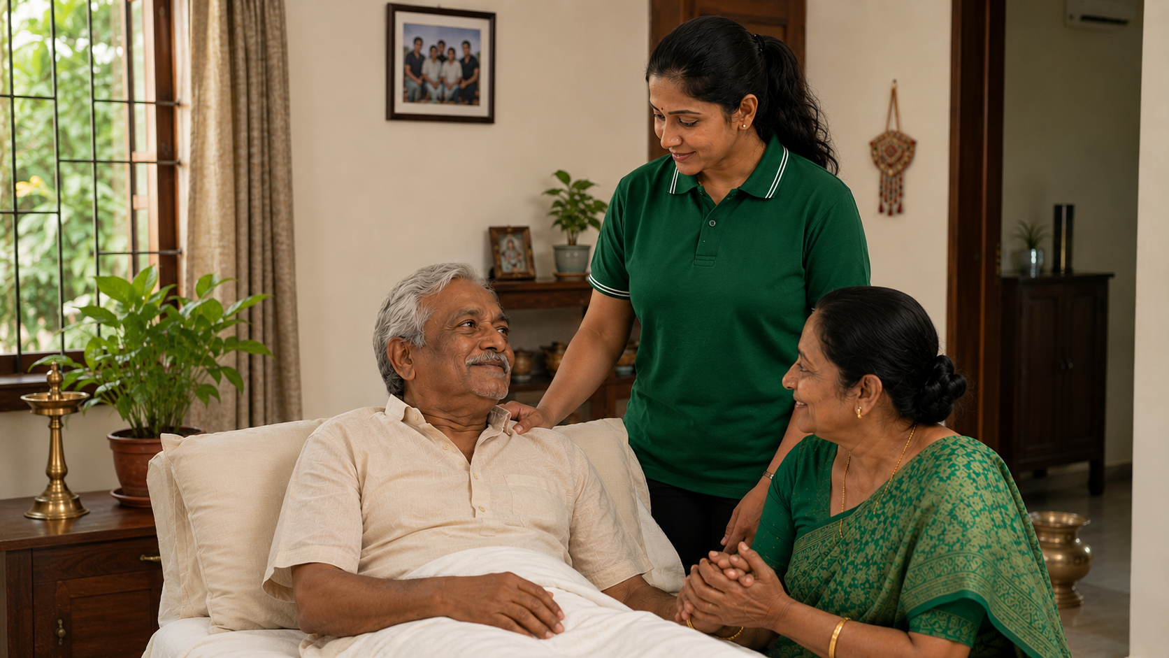 Professional caregiver supporting elderly patient at home